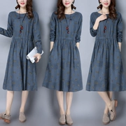 Đầm dài tay nữ mùa xuân 2019 mới dành cho nữ mùa xuân và mùa thu Hàn Quốc phiên bản lớn của cotton và vải lanh dài một đoạn váy chữ - A-Line Váy