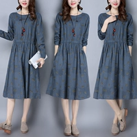 Đầm dài tay nữ mùa xuân 2019 mới dành cho nữ mùa xuân và mùa thu Hàn Quốc phiên bản lớn của cotton và vải lanh dài một đoạn váy chữ - A-Line Váy váy chữ a dài