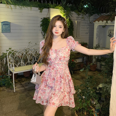 taobao agent Summer dress, plus size, french style, square neckline, floral print, suitable for teen, tutu skirt