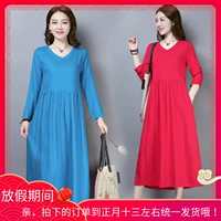 Đầm xòe cotton và vải lanh nữ tay dài 2018 mùa thu mới phong cách quốc gia nữ retro khâu cổ chữ V dài những mẫu váy len dáng dài đẹp