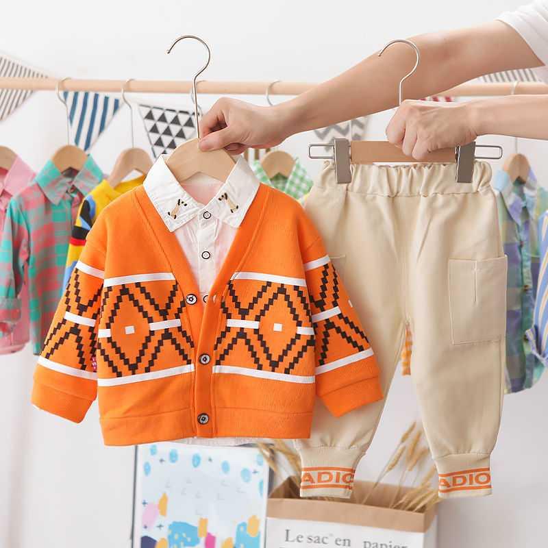 PD Diamond Sweater Orange & Three Piece Setbaby Autumn clothes Boy Spring and Autumn suit 2021 new pattern Foreign style Three piece set tide baby clothes handsome Children's wear
