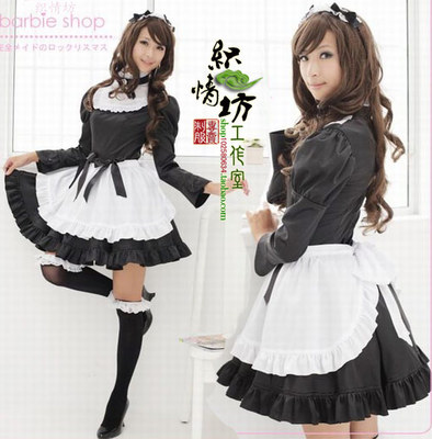 taobao agent The new listing temperament, lotus leaf edge restaurant maid black and white long -sleeved maid dress Japanese cos anime clothing