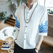 Trung quốc trang phục dân tộc Tang phù hợp với nam ngắn tay áo bông và vải lanh thêu kích thước lớn áo sơ mi phù hợp với nam giới của trà quần áo áo sơ mi