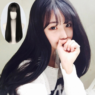 taobao agent The whole wig female long -haired air bangs naturally realistic black Korean fluffy face repair temperament