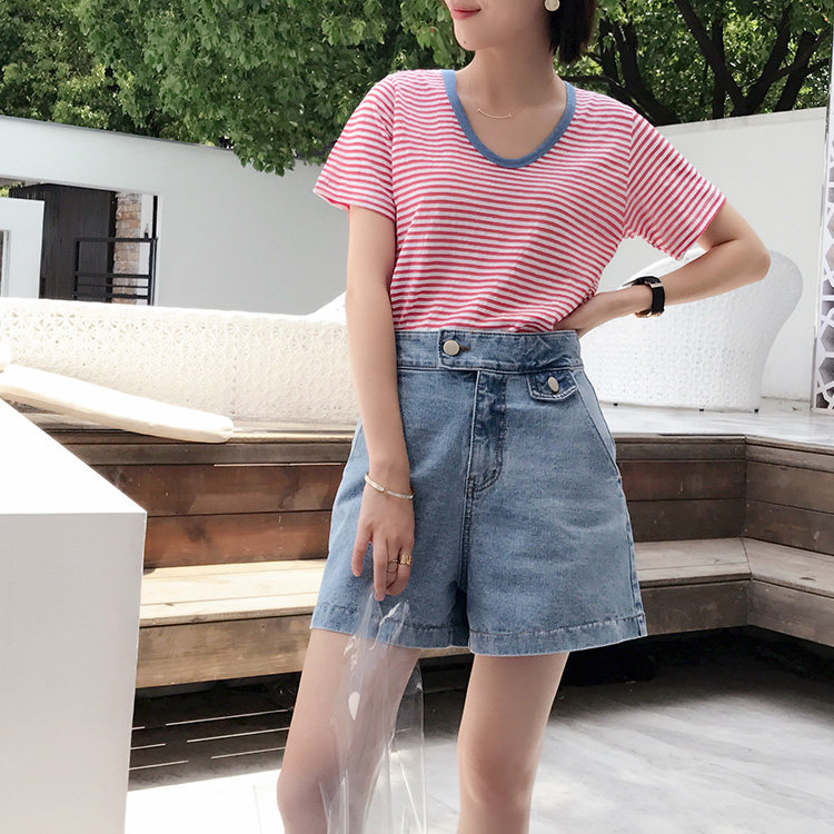 Hàn Quốc thứ tự 18 mùa hè mới cao eo mỏng lỏng rộng chân quần nóng ánh sáng quần short denim nữ EXK97 bây giờ