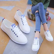 2018 mùa hè mới đáy phẳng dây đeo nhỏ màu trắng giày sinh viên Hàn Quốc rỗng breathable giày thường thấp cắt giày ren