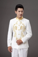 Nam trắng thêu rồng đứng cổ áo quốc phục trang phục biểu diễn sân khấu chỉ huy hợp xướng áo phù hợp với nam quần vải nam