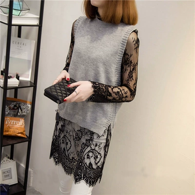 热卖新款大码女钩花镂空蕾丝连衣裙透明百搭中长款内搭长袖打底衫-淘宝网