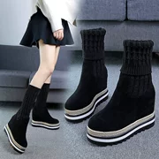 Giày cao cổ nữ ngắn 2018 mùa đông mới có miệng len trong xô đế dày phía dưới nêm với giày cotton của phụ nữ nhung