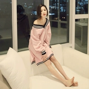Phiên bản Hàn Quốc của đồ ngủ V-cổ váy ngủ nữ gợi cảm mùa xuân và mùa thu mẫu lỏng thả dài tay áo cotton kích thước lớn