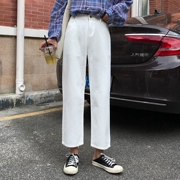 Cao eo lỏng mỏng màu rắn jeans nữ đầu mùa thu mới Hàn Quốc phiên bản của hoang dã chic casual quần thẳng sinh viên