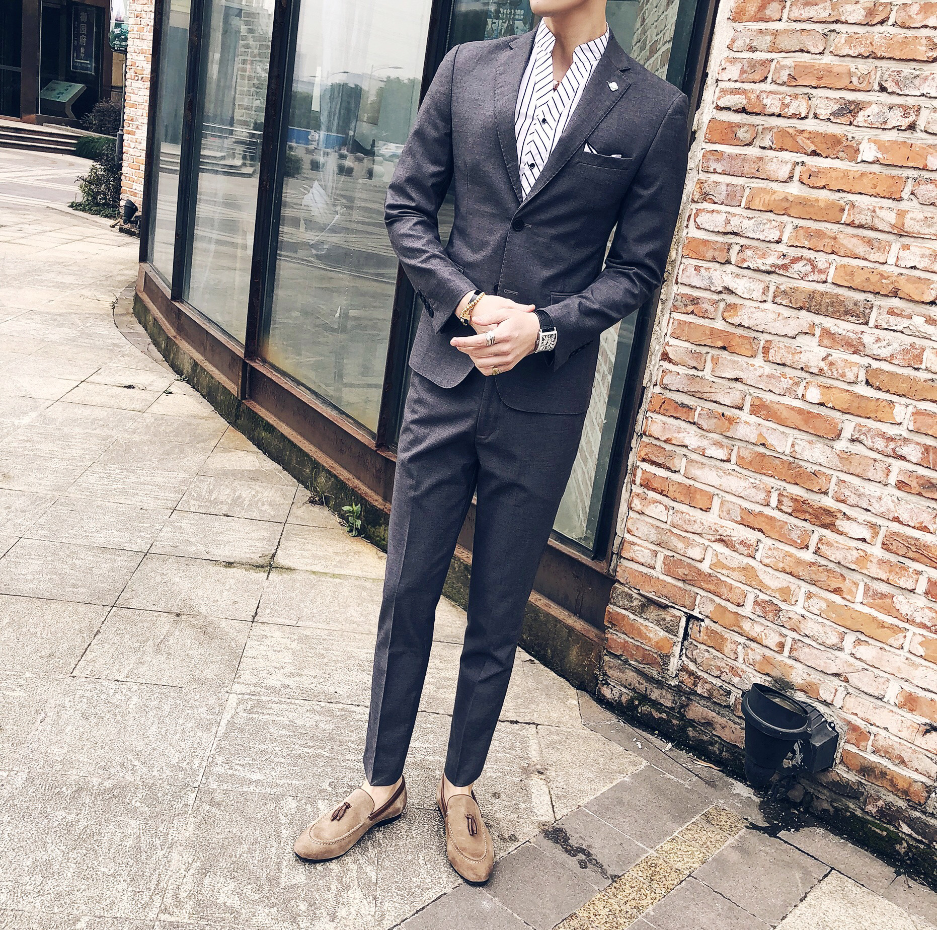2018春季新款 时尚商务休闲韩版男士小西装套装男t029/p230外景