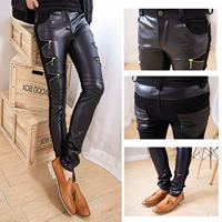2017 mới của Hàn Quốc phiên bản của các xu hướng mỏng của nam giới đen pu leather quần chặt chẽ đầu máy hộp đêm dây kéo giản dị trang trí quần da nam chính hãng