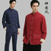 Mùa xuân và mùa thu nam giới Cotton và linen Retro Tang phù hợp với nam Áo dài tay Áo quốc phục Trang phục nhỏ Tuổi trẻ Trà Quần áo Quần áo bảo hộ lao động nam