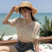 Mùa hè phụ nữ Hàn Quốc phiên bản của tự trồng ngắn V-cổ thêu voan áo sơ mi rỗng eo ngắn tay áo sơ mi ren áo sơ mi