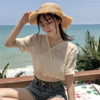 Mùa hè phụ nữ Hàn Quốc phiên bản của tự trồng ngắn V-cổ thêu voan áo sơ mi rỗng eo ngắn tay áo sơ mi ren áo sơ mi áo trắng sơ mi nữ