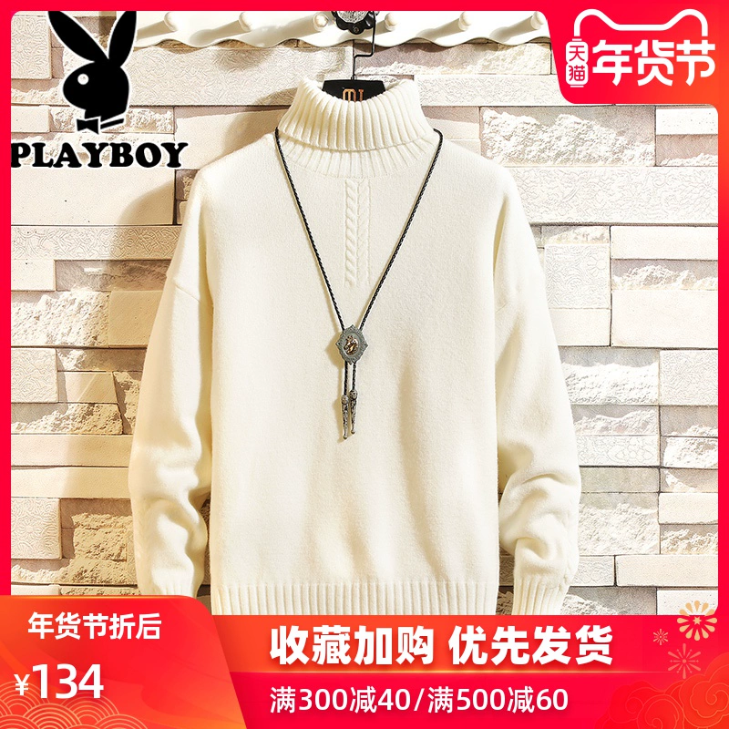 Playboy New Sweater nam Cổ áo cao Áo thun rộng Sinh viên hoang dã Áo len nam Xu hướng Áo len đan đáy - Kéo qua