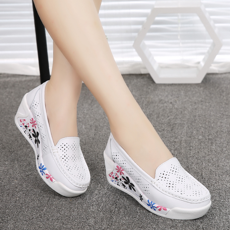 352 / Hollow Out White2021 spring and autumn Women's Shoes Thick bottom Muffin Slope heel Women's shoes comfortable non-slip Mom shoes white Nurse shoes Rocking shoes