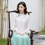 Hanfu nữ mùa hè phiên bản cải tiến áo sơ mi sườn xám ngắn Tang phù hợp với phong cách Trung Quốc trang phục nữ phong cách quốc gia thêu áo thun - Áo phông