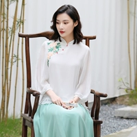 Hanfu nữ mùa hè phiên bản cải tiến áo sơ mi sườn xám ngắn Tang phù hợp với phong cách Trung Quốc trang phục nữ phong cách quốc gia thêu áo thun - Áo phông áo phông trơn