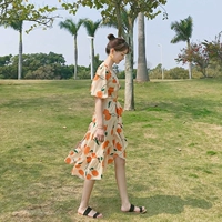 Летний свежий приталенный ретро корсет, длинное платье, шифоновая юбка, сезон 2021, V-образный вырез, популярно в интернете, в цветочек, длина миди