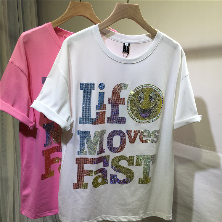 WhiteEuropean goods heavy industry Hot drilling T-shirt ma'am Short sleeve smiling face Crew neck jacket easy Big size Versatile summer Fat mm leisure time