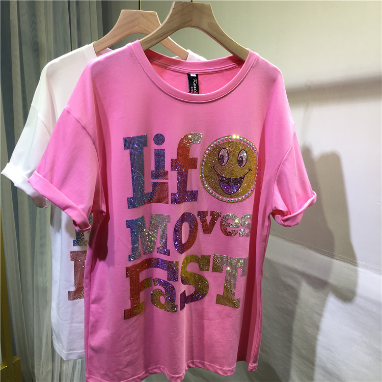 Rose RedEuropean goods heavy industry Hot drilling T-shirt ma'am Short sleeve smiling face Crew neck jacket easy Big size Versatile summer Fat mm leisure time