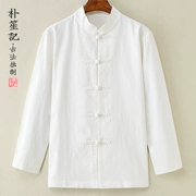 Park Ji Ji áo sơ mi vải lanh gốc retro khóa áo sơ mi nam Trung Quốc chạm đáy áo rời Trung Quốc văn học nghệ thuật và bộ đồ Tang - Áo