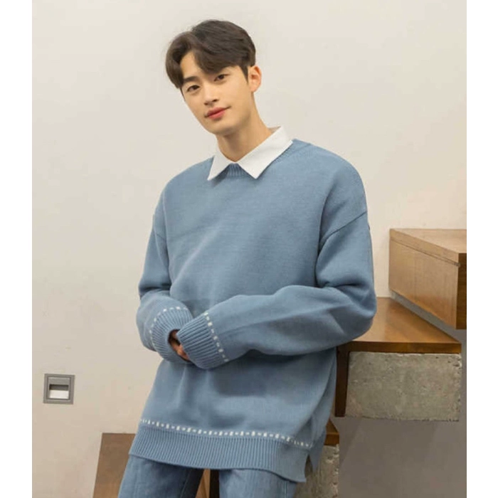 Quần áo nam Dongdaemun Hàn Quốc mua phiên bản Hàn Quốc mới đơn giản bên gió áo len dệt kim áo thun 0208 - Kéo qua