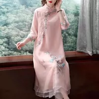 Ципао, длинное легкое платье, ретро китайская весенняя вышивка, городской стиль, оверсайз, с вышивкой, китайский стиль