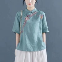Этническая рубашка, шарф, топ, этнический стиль, китайский стиль, из хлопка и льна, с вышивкой, оверсайз, короткий рукав