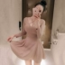 Thời trang gợi cảm dài tay treo cổ váy đáy quần Slim co giãn cỡ lớn nữ mùa thu cotton mỏng Hàn Quốc - Váy eo cao Váy eo cao