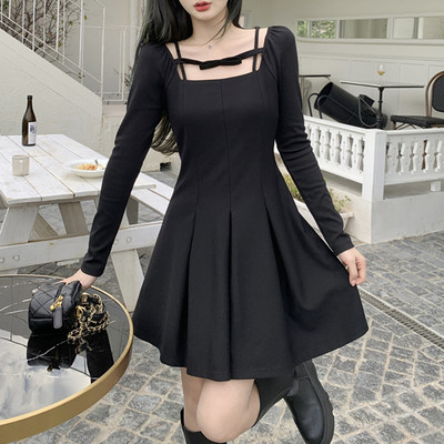 taobao agent Black mini-skirt, autumn demi-season dress for princess, suitable for teen, square neckline, plus size, long sleeve