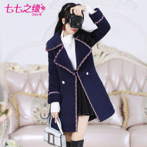 Bảy Bảy Cạnh 2017 Mùa Đông Phụ Nữ Mới của Dark Blue Dày Dài Wool Coat Coat