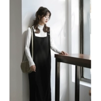 Черное платье, пуховик, длинная юбка, в корейском стиле, средней длины, городской стиль