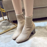 Booties nữ dày với đan thun cao gót cao gót mùa xuân và mùa thu 2018 mới vớ mới giày đế xuồng mỏng hoang dã