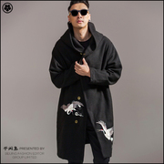 Trung Quốc phong cách len áo len thủy triều của nam giới thanh niên thời trang cẩu thêu đội mũ trùm đầu mùa đông áo khoác dài áo gió