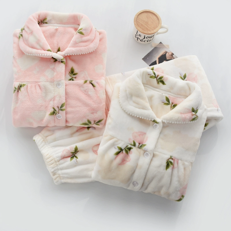 In đồ lót lông cừu san hô phụ nữ mùa thu và mùa đông dày ấm áp cộng với nhung flannel cardigan dài tay áo dịch vụ nhà - Bộ Pajama