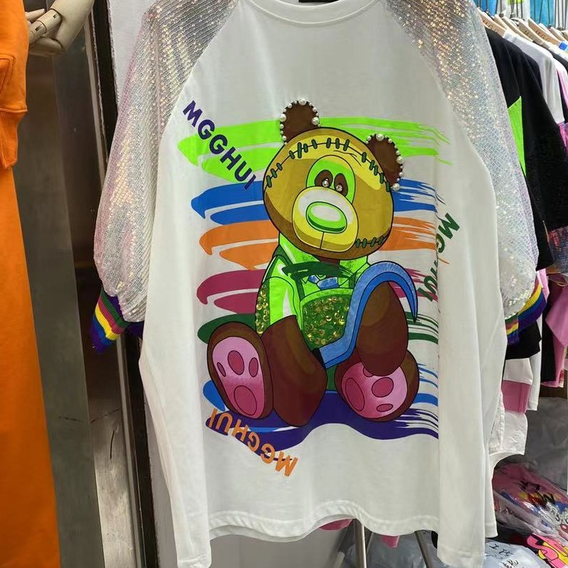 WhiteEuropean goods heavy industry 2021 summer new pattern Crew neck letter Bear Short sleeve T-shirt female easy jacket ins tide A25 9