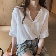 Áo sơ mi trắng nữ có thiết kế phù hợp 2018 hè mới size lớn cho nữ Han Fan áo ngắn tay áo cổ chữ V thủy triều t - Áo sơ mi