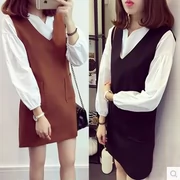 2018 mùa xuân mới Hàn Quốc phiên bản mới màu rắn voan lỏng v- cổ dài- tay túi hai mảnh váy quần áo của phụ nữ