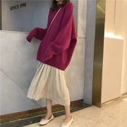 Mùa thu Hàn Quốc phiên bản retro tay áo dài tay áo thun áo len phù hợp với nữ + eo cao phần dài váy hai bộ