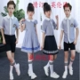Zhibohong trẻ em của Anh gió mùa hè trường tiểu học đồng phục bông ngắn tay mẫu giáo quần áo màu xanh và lớp màu trắng dịch vụ tùy chỉnh thời trang trẻ em