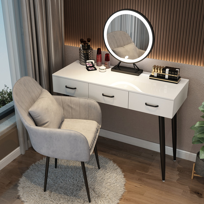 Black Steel Pipe Leg 100 + Three Color LED Mirror + Net Red ChairNorthern Europe dresser bedroom Internet celebrity Ins wind Modern simplicity Large-sized apartment Dressing table female small-scale dresser With lamp
