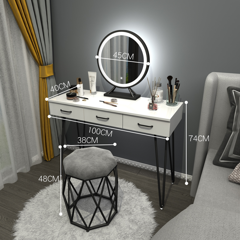 Black Iron Art 100 Table Three Draw + Three Color LED Mirror + ChairNorthern Europe dresser bedroom Internet celebrity Ins wind Modern simplicity Large-sized apartment Dressing table female small-scale dresser With lamp