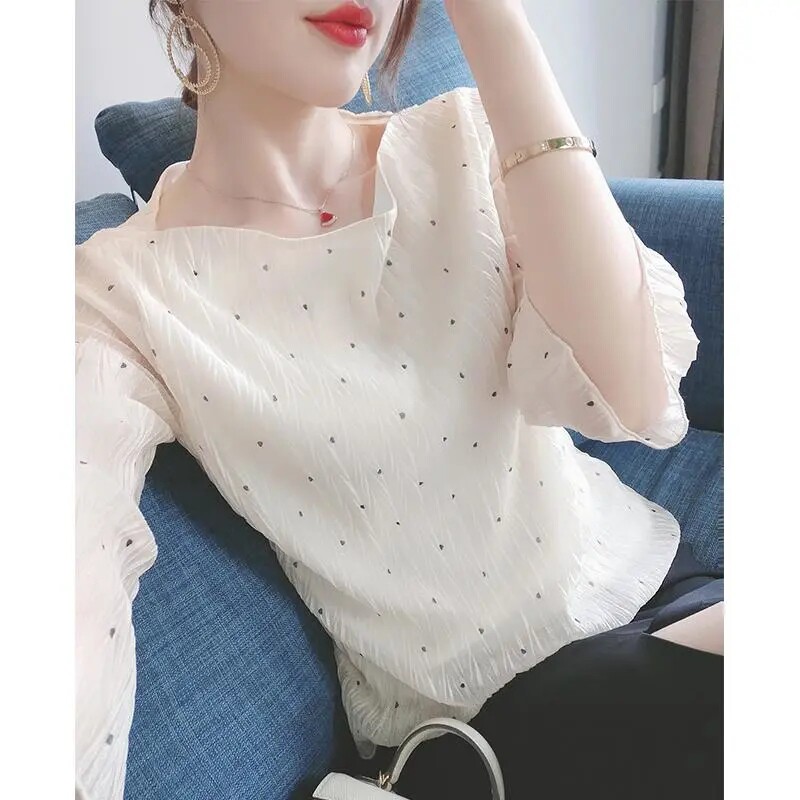 法式波点衬衫女高级感雪纺衫长袖杏色2022春夏新款上衣一字领小衫
