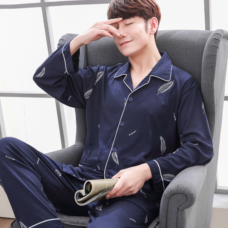 春秋全棉男装睡衣居家服开衫2件套