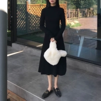 Váy nữ mùa thu 2018 mới thời trang Hàn Quốc khí chất cổ cao thon gọn thon gọn màu rắn hoang dã dài tay giá váy maxi