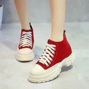 Giày cao gót màu đỏ nữ 2018 mùa thu mới học sinh da lộn buộc giày cũ đế dày giày thể thao đế xuồng