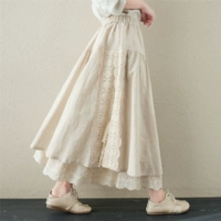 Японская длинная юбка, с вышивкой, эластичная талия, средней длины, А-силуэт